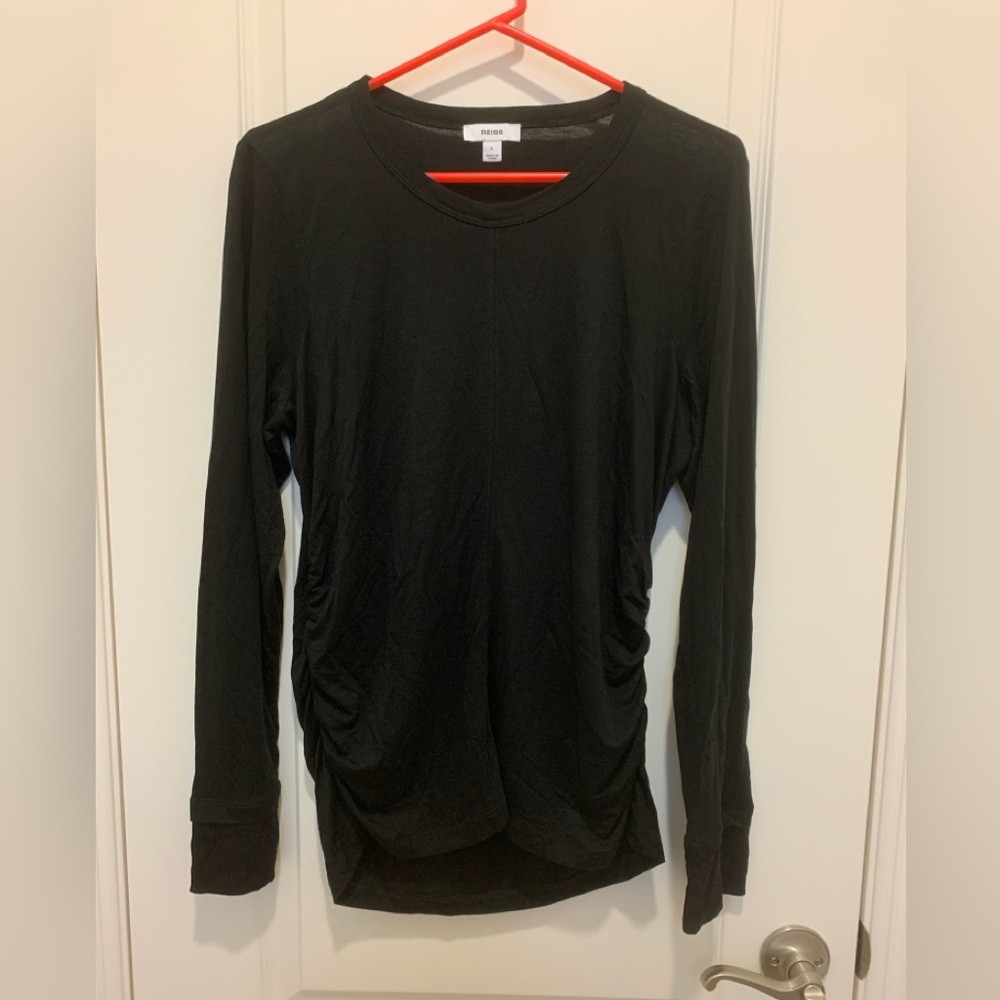 EUC REISS Black Long Sleeve Ruched Side Top Lyocell Wool Stretch Knit